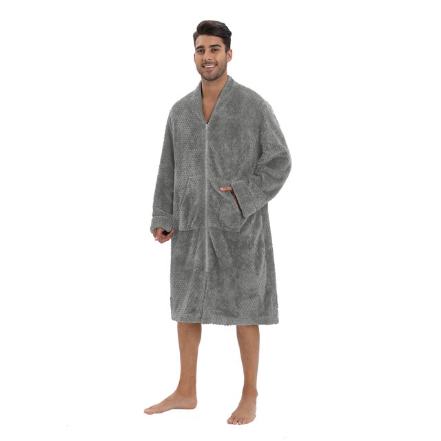 WBQ Men's Fleece Robe Zip Up Dressing Gown Flannel Soft Warm Robes