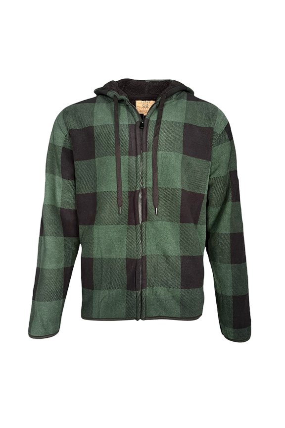 Men's Flannel Hoodie Sherpa Fleece Lined Plaid Zip Up Lightweight Jacket Casual, Green, 2XL