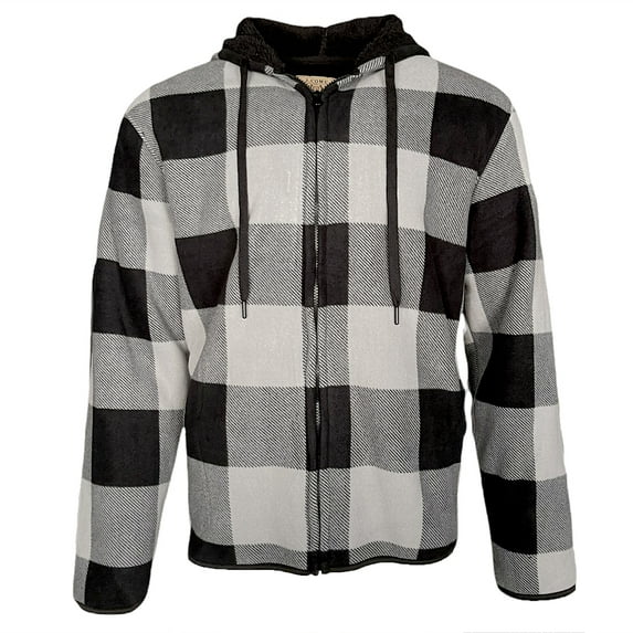 Men's Flannel Hoodie Sherpa Fleece Lined Plaid Zip Up Lightweight Jacket Casual, Light Grey, L