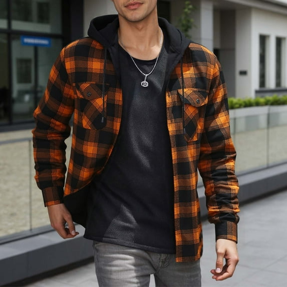 Men's Flannel Hoodie Shirt Long Sleeve Plaid Shirt Casual Classic Checkered Hooded Shacket Winter lumberjack shirt for men big size with attached hood,Yellow L