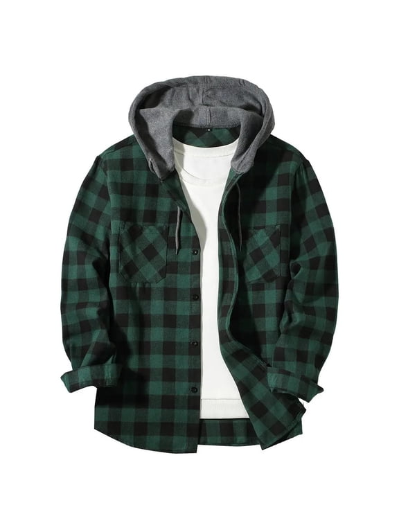 Men's Flannel Hoodie Shirts Casual Button Down Plaid Shirt Jackets Long Sleeve Stylish Hooded With Pocket Young Adult Fashion