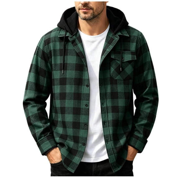 Men's Flannel Hoodie Shirts Casual Button Down Plaid Shirt Jackets for Men Long Sleeve Stylish Hooded with Pocket Dark Green 2XL