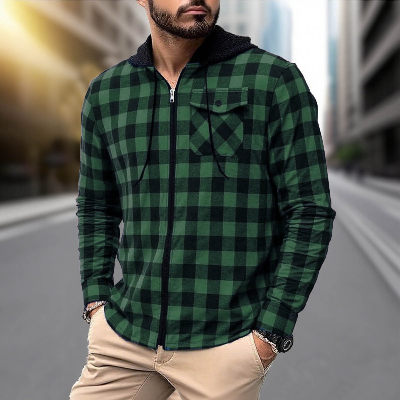 dress shirt with hoodie FASESH Men's Flannel Shirts Casual Zip up Plaid Jackets for Men Long Sleeve Classic Hooded Pockets Purple 3XL, Women's the choice To layer a hoodie under