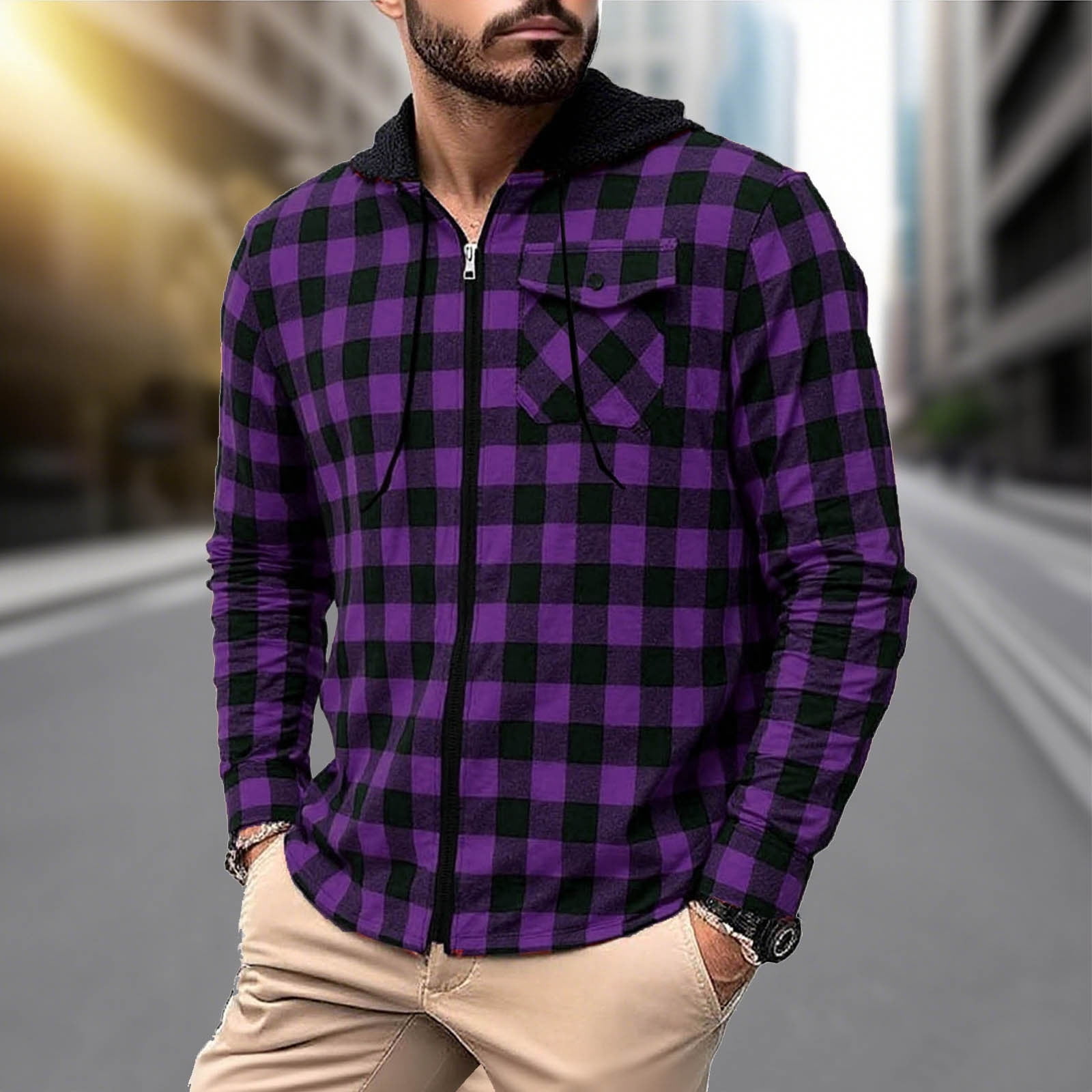 Men's Flannel Hoodie Shirts Casual Zip up Plaid Shirt Jackets for