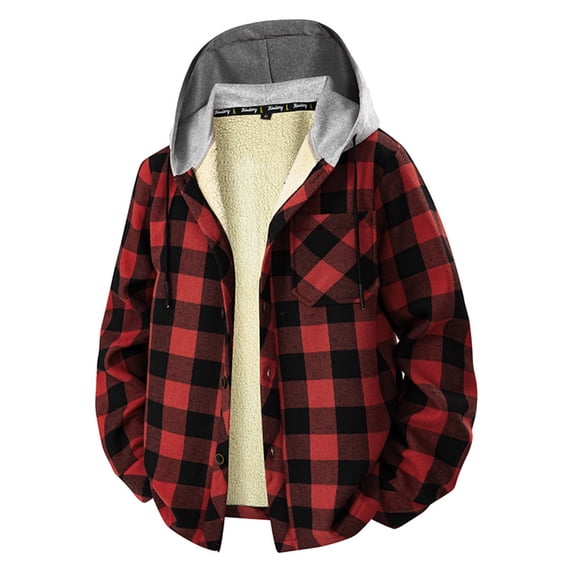Men's Flannel Hoodie Shirts Fleece Knit Casual Long Sleeve Button Down Drawstring Plaid Shacket with Hood Essential (XL, Red)