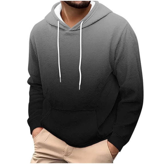 Men's Flannel Hoodies Fashion Gradient Color Printed Hooded Sweatshirts Fuzzy Fleece Long Sleeve Warm Pullover Hoodie Long Sleeve Workout Jackets with Kangaroo Pocket