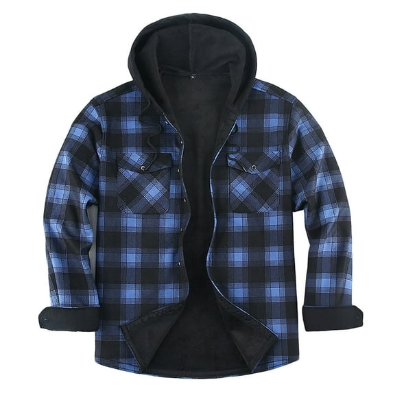 Men's Flannel Jackets Cotton Lightweight Fleece Lined Plaid Shirts Winter Soft Warm Button Coats with Hood for Men