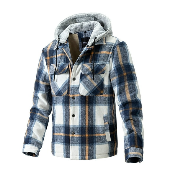 Men's Flannel Jackets Fleece Lined Hooded Plaid Shirt Jacket Casual Loose Thicken Quilted Buttons Down Winter Warm Coat