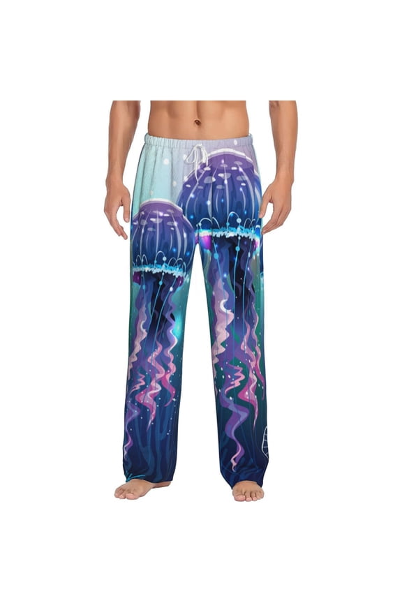 Men's Flannel Lounge Pajama Pants Bottoms Casual Loungewear, Magic Neon Light Jellyfish