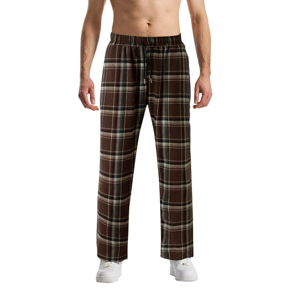 Men’s Flannel Pajama Pants – Soft Sleep & Lounge Pants with Pockets & Adjustable Drawstring – Plaid Bottoms Brown L