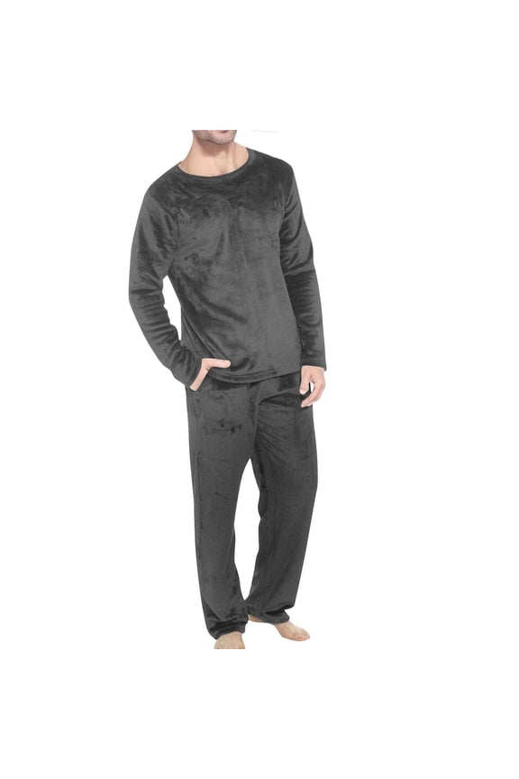 Men's Flannel Pajamas Sets Solid Color Long Sleeve Pullover and Lounge Pants Loungewear