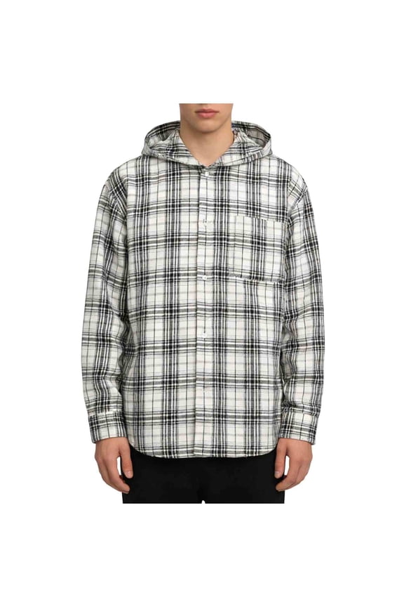 Men's Flannel Plaid Hooded Shacketc Casual Button Down Shirt Jacket with Chest Pocket Long Sleeve Overshirt for Fall Winter Travel Daily Wear, White, XXL