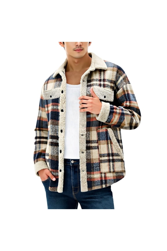 Men's Flannel Plaid Shirt Jacket Coat Long Sleeve Button Up Outwear with Pockets Warm Casual Fall Winter Fashion | CSEONE,Blue L