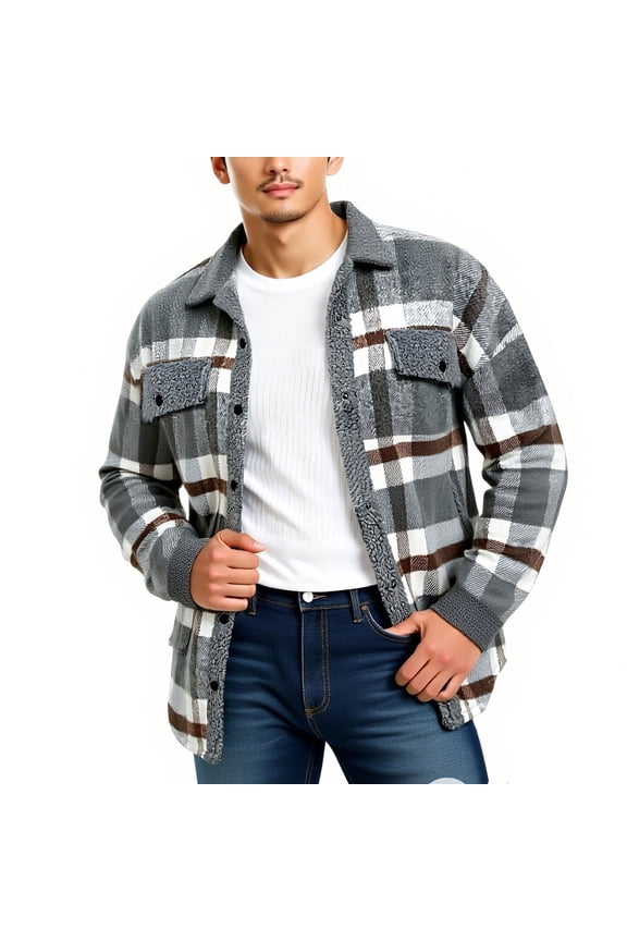 Men's Flannel Plaid Shirt Long Sleeve Button Down Coat with Pockets, Casual Loose Fit Shacket Outerwear for Fall Winter Fashion | CSEONE,Gray L