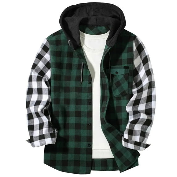 Men's Flannel Plaid Shirt with Hooded Patchwork Color Block Long Sleeve Fall Casual Button Blouse Shirts with Flat Pocket Green XXL