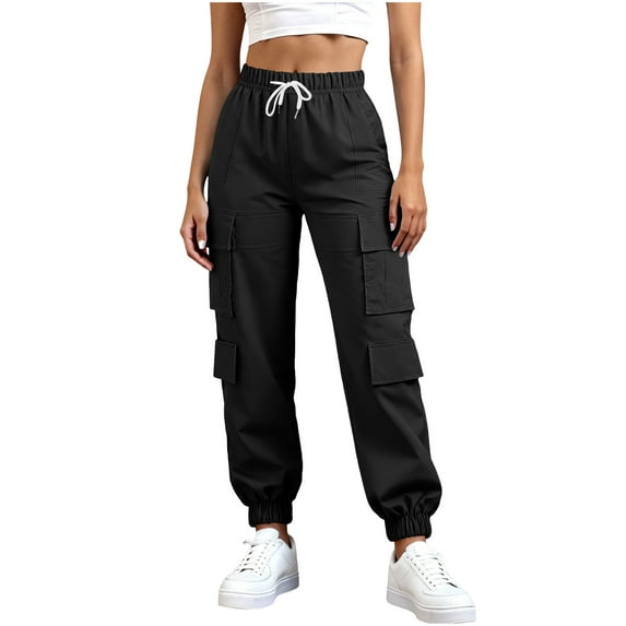 Kid's Cargo Pants High Waisted Wide Leg Trousers Baggy Stretchy Pant Fashion Trendy Hiking Travel Streetwear Outfits (S, Black)