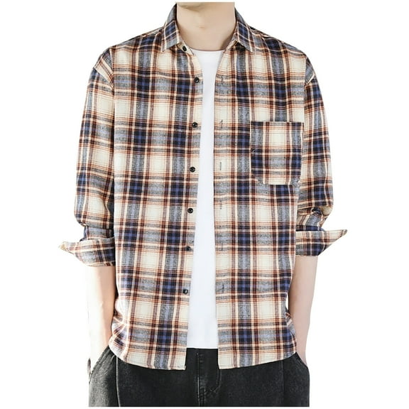 Men's Flannel Plaid Shirts Long Sleeve Button Down Shackets Business Casual Blouse Top Yellow M