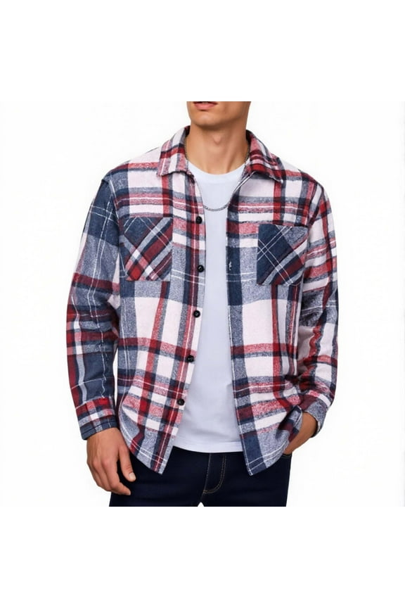 Men's Flannel Shacket Vintage Plaid Button-Down Workwear with Pockets Casual Long Sleeve Fleece Jacket for Men, Classic Collared Shirt Jacket, Retro Style