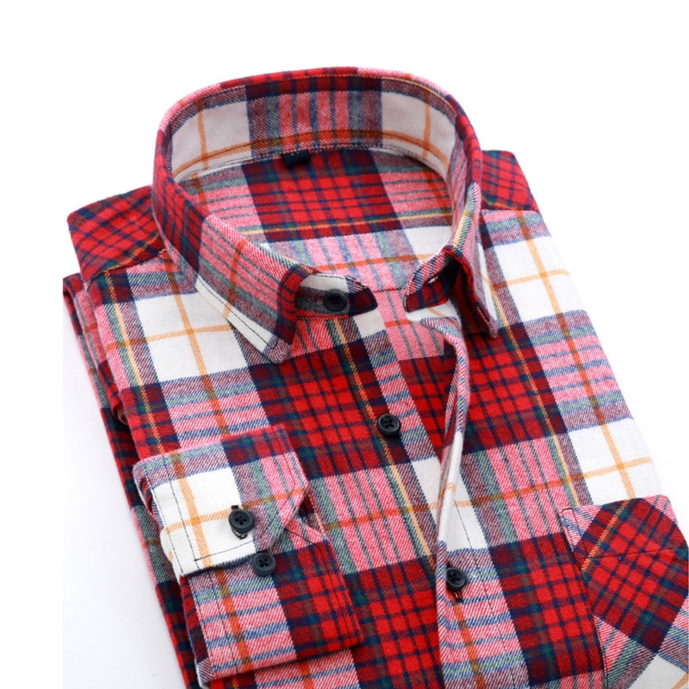 Men's Flannel Shirt-Brushed Cotton Long Sleeve Male Plaid