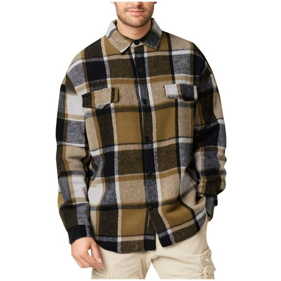 Men's Flannel Shirt Button down Checked Shirts Coat Long Sleeve Padded Lumberjack Jacket Multipocket Quilted Plaid Printed Windbreak Coats for Outing, Vacation