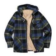Men's Flannel Shirt Jacket Fleece Lined Plaid Coat Full Zip Up/Buttons Hoodie Winter Outwear,Mens Sherpa Lined Zipper/Button Down Hooded Plaid Shirt Jacket