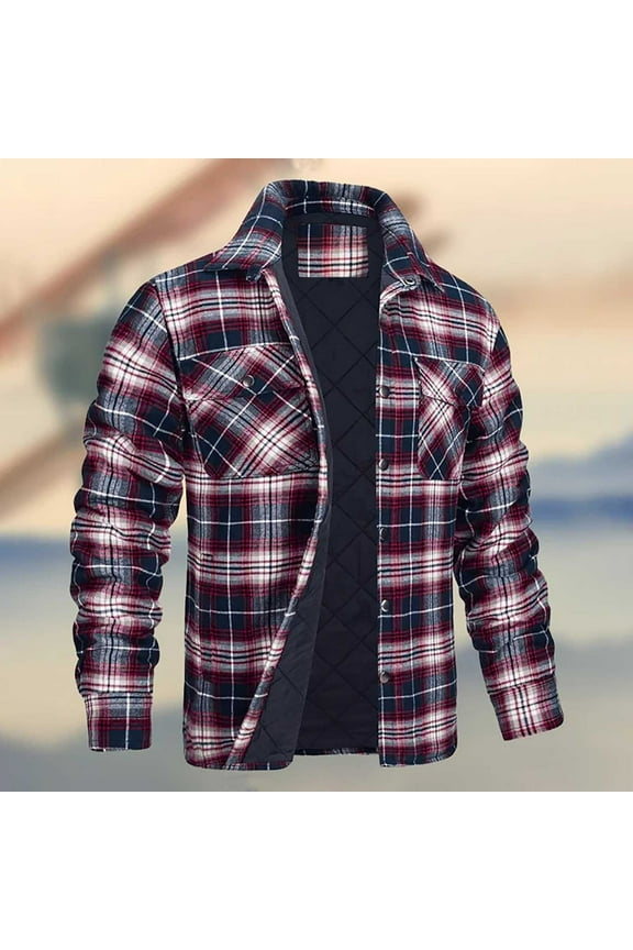 Men's Flannel Shirt Jacket Quilted Lining Long Sleeve Button-Down Jacket with Pockets Plaid Coat Shirt Jacket