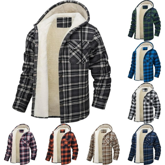 Men's Flannel Shirt Jacket Sherpa Lined Plaid Jackets Coat Full Zip Up Hoodie Winter Outwear Saffron XL