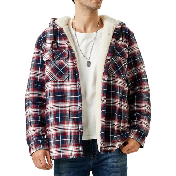 Men's Flannel Shirt Jacket Sherpa Lined Plaid Jackets Coat Full Zip Up Hoodie Winter Outwear Wine 5XL