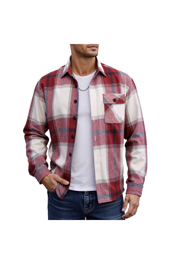 Men's Flannel Shirt Jacket, Thick Brushed Long Sleeve with Button Front, Warm Layering Piece for Fall, Winter & Outdoor Hot Pink L
