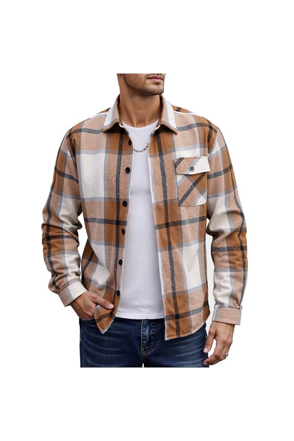 Men's Flannel Shirt Jacket, Thick Brushed Long Sleeve with Button Front, Warm Layering Piece for Fall, Winter & Outdoor Khaki M