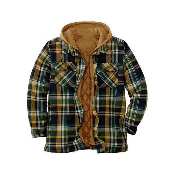 Men's Flannel Shirt Jacket with Hooded Thicken Warm Lined Coat Long Sleeve Rugged Plaid Warm Winter Jacket Coat Hoodie Outwear Shacket