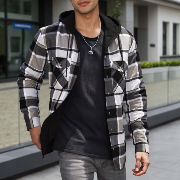 Men's Flannel Shirt Plaid Hoodie Stylish Long Sleeve Fall Casual Button Down Shirts with Flat Pocket,White2 XXL