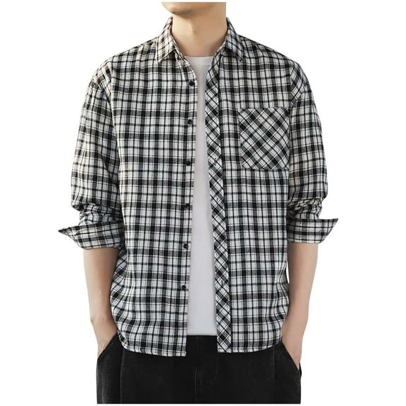 Men's Flannel Shirts Long Sleeve Classic Fit Brushed Plaid Shirt Outdoor Jacket Hip-Hop Streetwear Black M