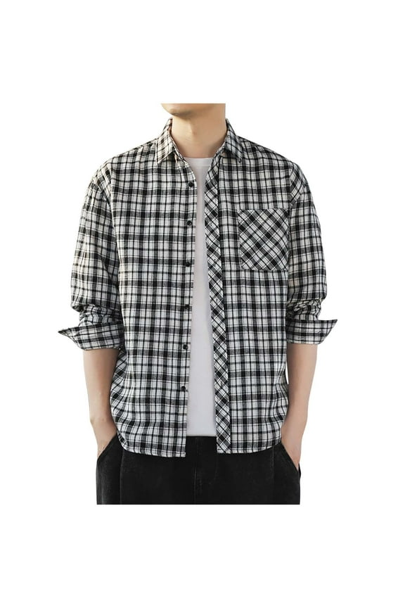 Men's Flannel Shirts Long Sleeve Classic Fit Brushed Plaid Shirt Outdoor Jacket Hip-Hop Streetwear Black M
