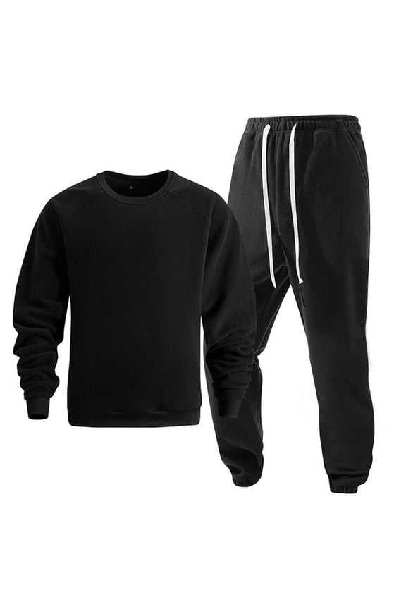 Men's Flannel Tracksuits 2 Pieces Fleece Hoodies Sweatsuit Sets Sports Jogging Suit Set Black S