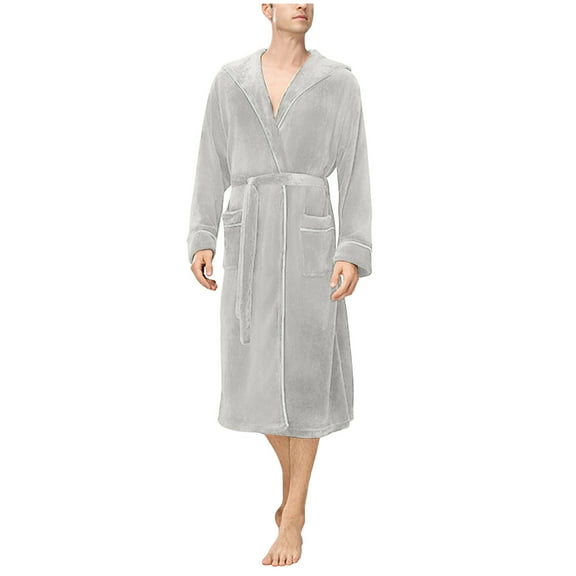 Men's Flannel Zip Bathrobes Soft Warm Long Housecoat Solid Color Nightgown Sleepwear