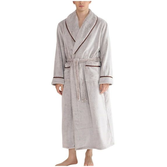 Men's Flannel Zip Bathrobes Soft Warm Long Housecoat Solid Color Nightgown Sleepwear