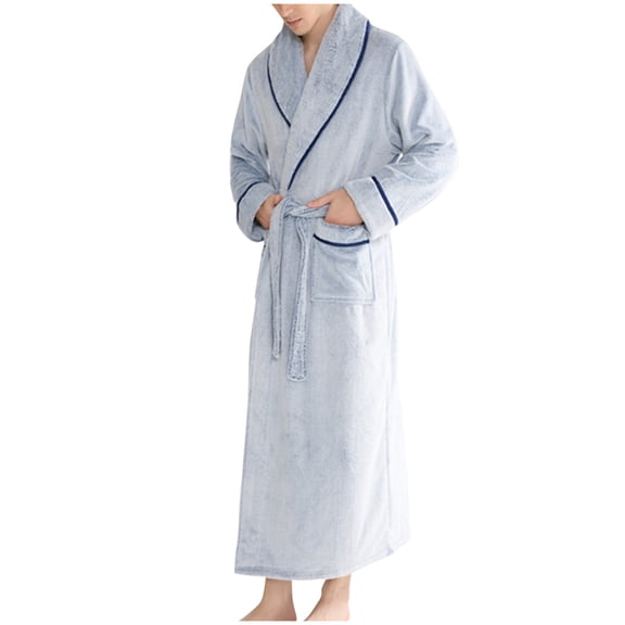 Men's Flannel Zip Bathrobes Soft Warm Long Housecoat Solid Color Nightgown Sleepwear