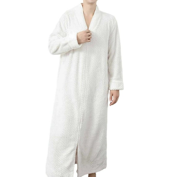 Men's Flannel Zip Bathrobes Soft Warm Long Housecoat Solid Color Nightgown Sleepwear