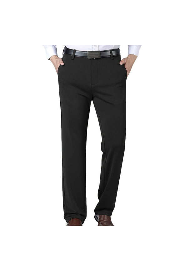 Men's Flat Front Dress Pants Winter Fleece Lined Business Suit Pants Non-iron,Wrinkle,Expandable Waist Work Trousers