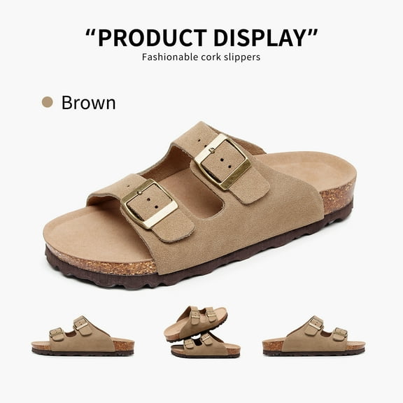 Men's Flat Sandals with Cork Footbed, Open Toe Slides Adjustable Slip on Slippers for Summer Outdoor Slippers