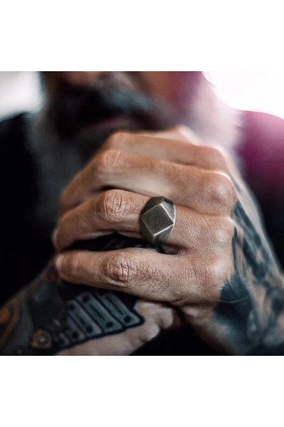 Men's Flat-Top Signet Ring for Men Jewelry, 14K White Gold Vintage Oxidation Gray Male Jewellery Jewels