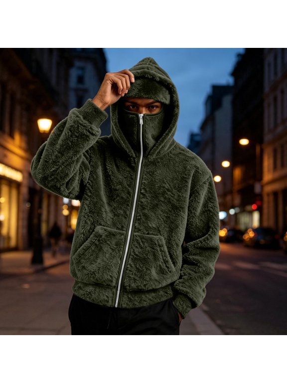 Men's Fleece Balaclava Zip Sweatshirt, One-Piece Hooded Face Mask Design, Full Zip Placket, Front Pocket Detail, Suitable For Daily Casual Outings, Winter Outdoor Strolls Army Green L