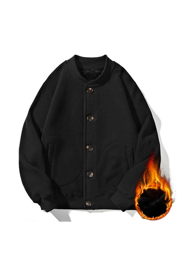 Men's Fleece Baseball Jacket, Solid Color Casual Design, Thick Polyester Fleece Material, Button Front with Pockets, Long Sleeve Comfort Fit, Warm Outerwear for Daily Use