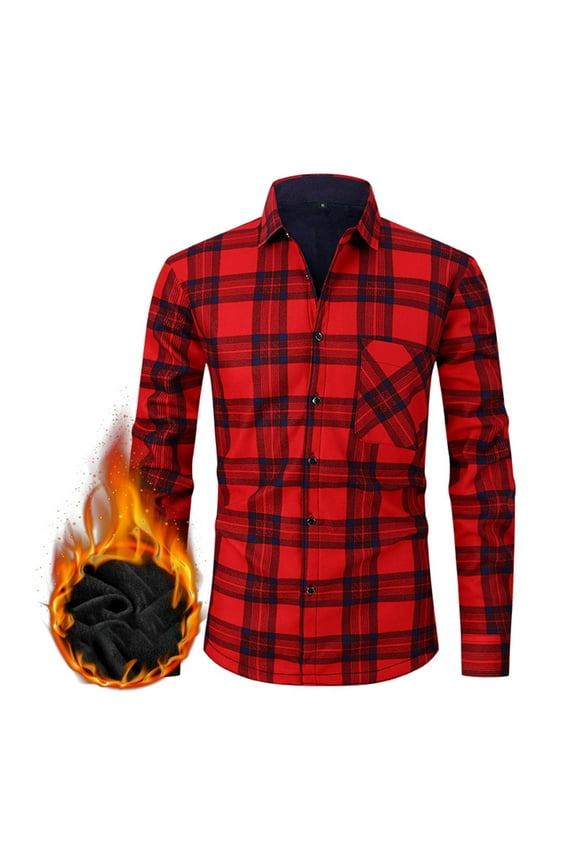 Plaid Shirts for Men Fleece Button-Up Plaid Shacket with Pockets, Long Sleeve, Casual Wear for Spring/Fall/Winter, Stylish Turndown Collar Blouse