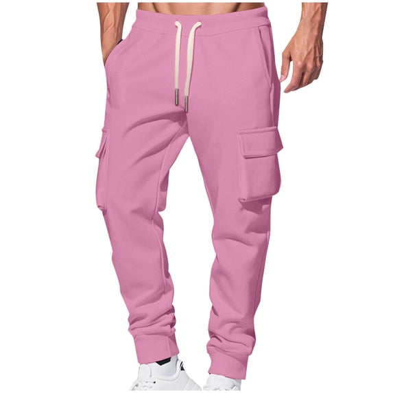 Men's Fleece Cargo Sweatpants Casual Cotton Tapered Drawstring Athletic Workout Joggers Sweat Pants with Multi Pockets