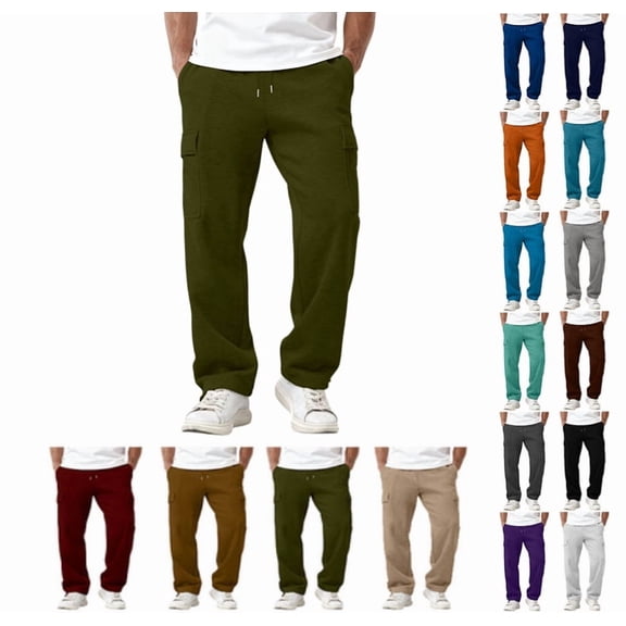 Men's Fleece Cargo Sweatpants Loose Fit Cotton Joggers with 5 Pockets Open Bottom for Gym Hiking Casual Wear,Army Green,L