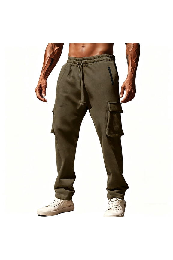 Men's Fleece Casual Pants Wonter Warm Elastic Waist Sweatpants Wind Resistant Solid Color Drawstring Joggers with Lapel Pocket