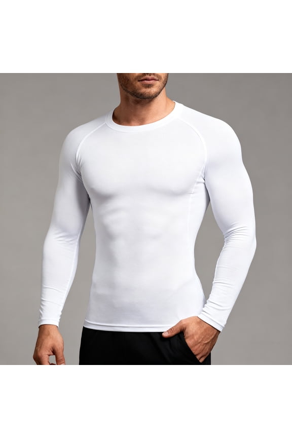 Men's Fleece Compression Thermal Shirt Long Sleeve Crewneck Base Layer Pullover Top for Workout White L