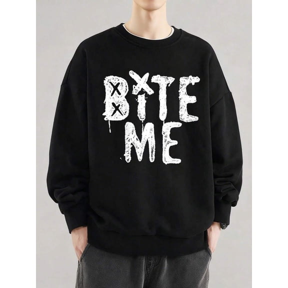 Men's Fleece Crew Neck Sweatshirt With "BYTE ME" Text Print, Warm And Comfortable